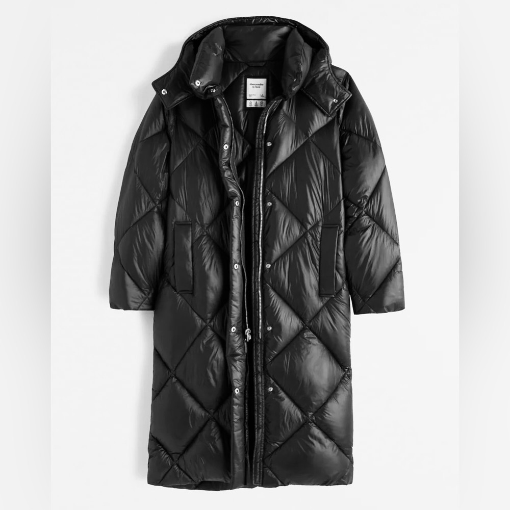 BRAND NEW A&F Ultra Long Vegan Leather Quilted Puffer Black